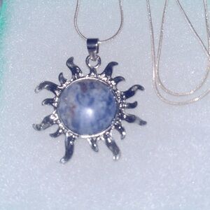 Boho hippie Sodalite Crystal Sun Sterling Silver Necklace 24”